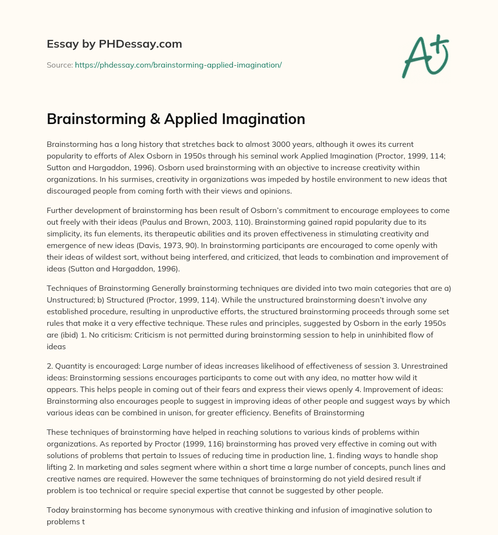 Brainstorming & Applied Imagination essay