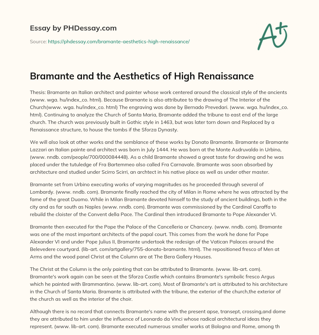 Bramante and the Aesthetics of High Renaissance essay