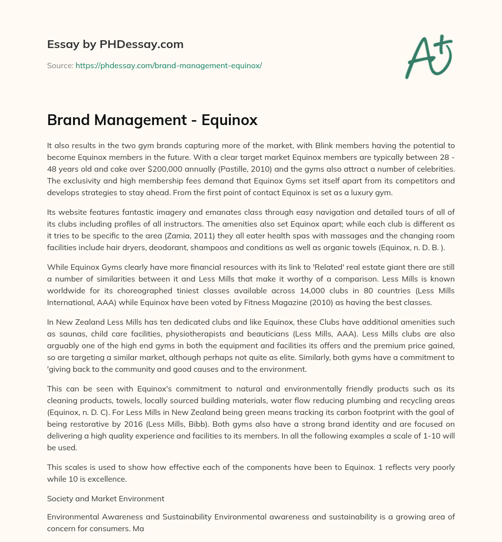 Brand Management – Equinox essay