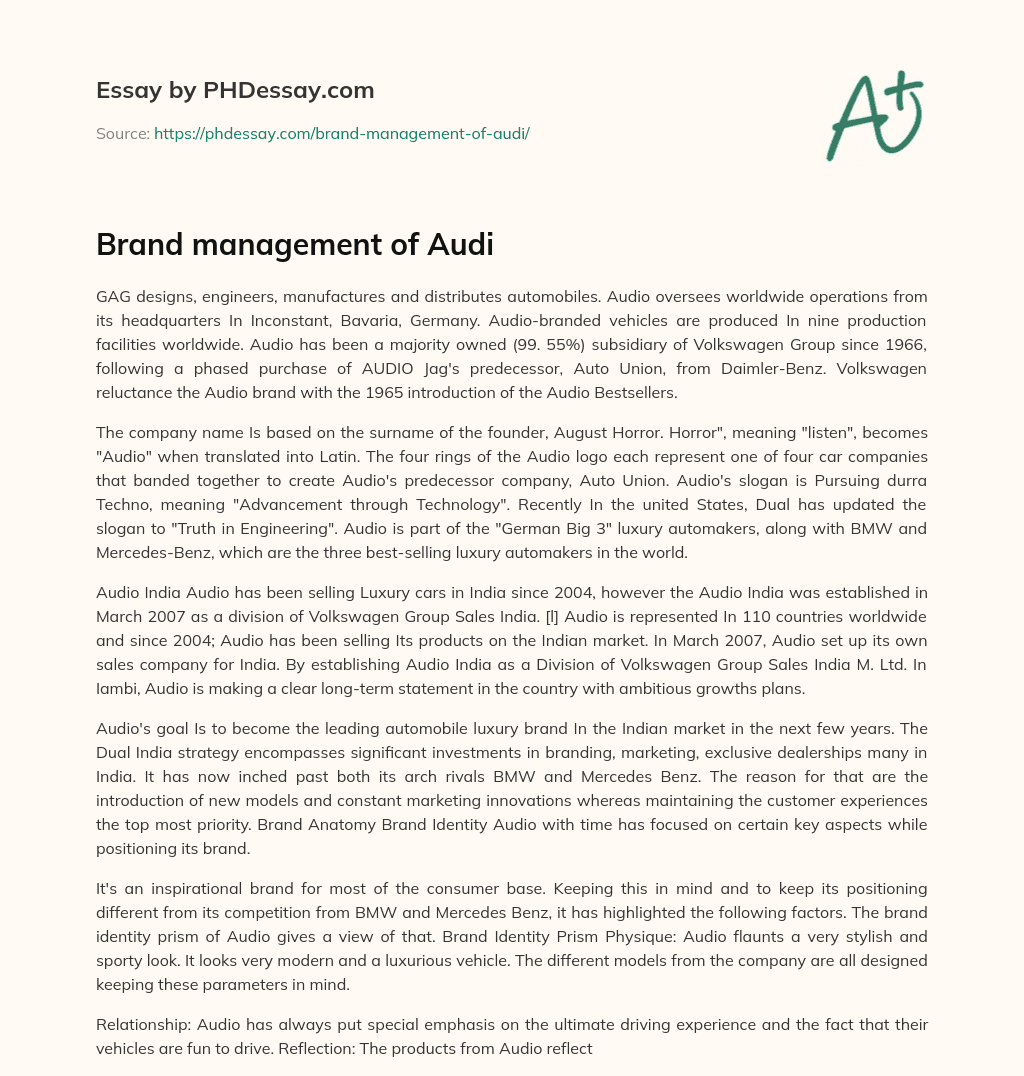 Brand management of Audi essay