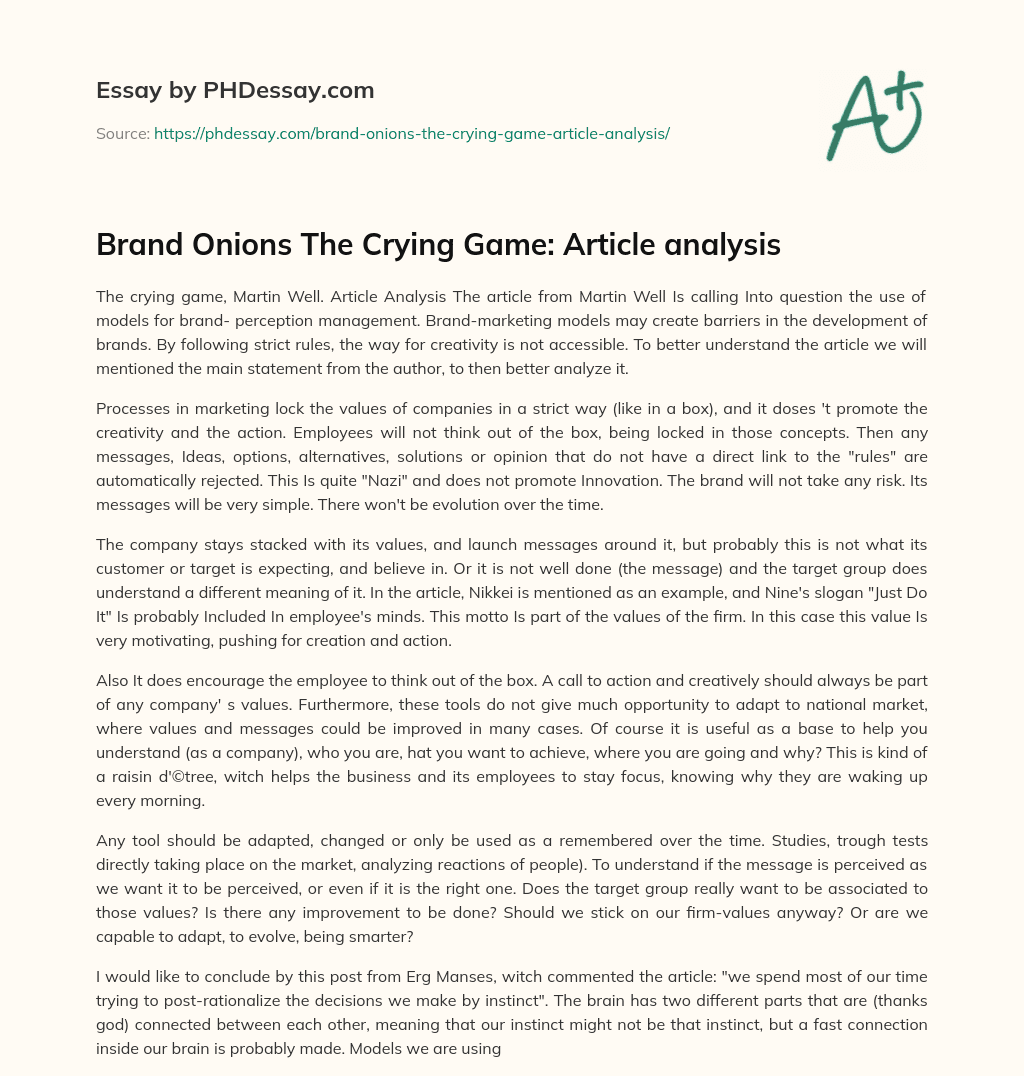 Brand Onions The Crying Game: Article analysis essay