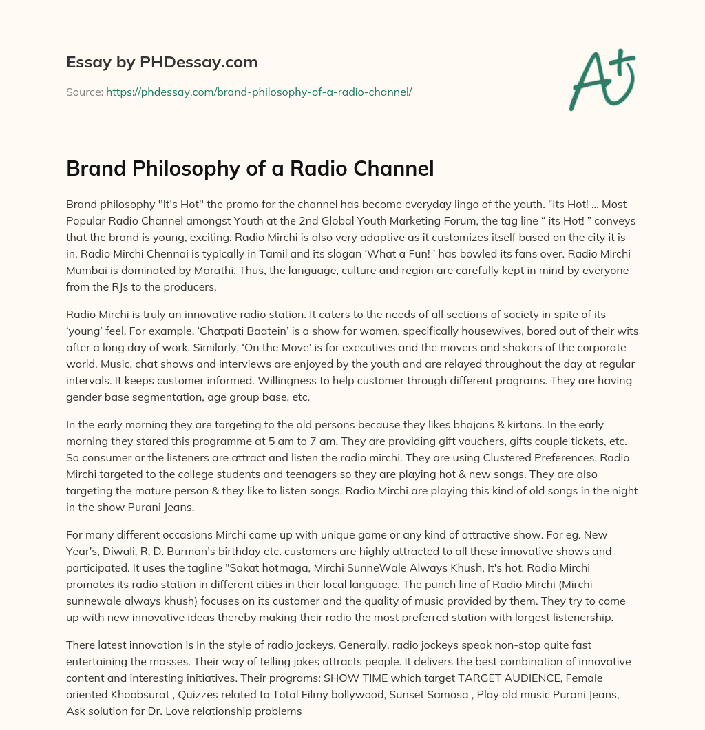 Brand Philosophy of a Radio Channel essay