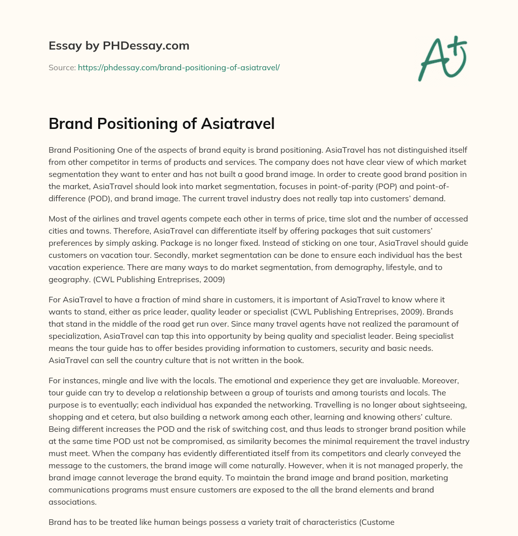 Brand Positioning of Asiatravel essay