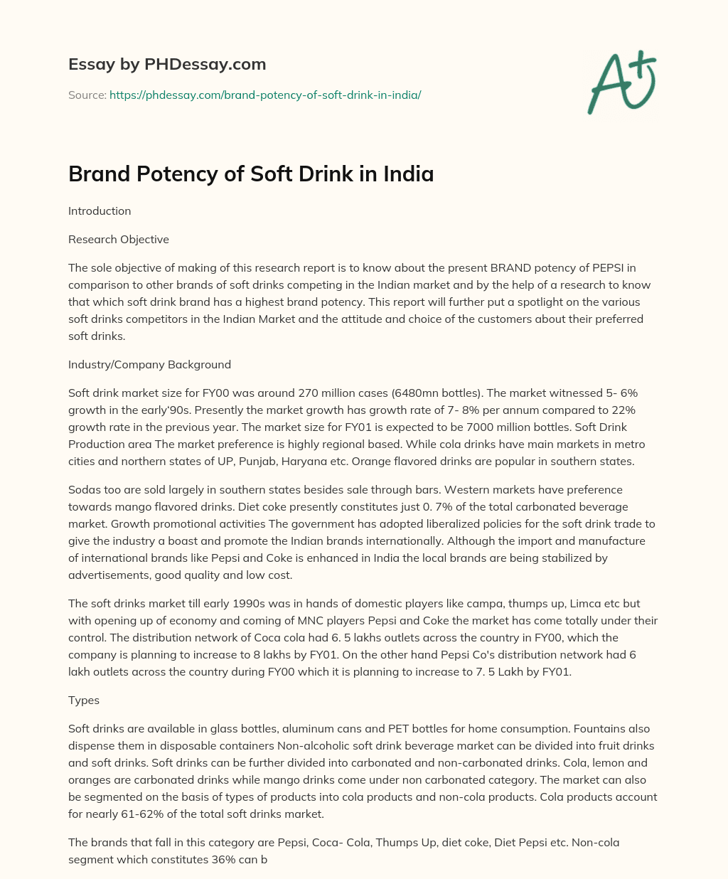 Brand Potency of Soft Drink in India essay