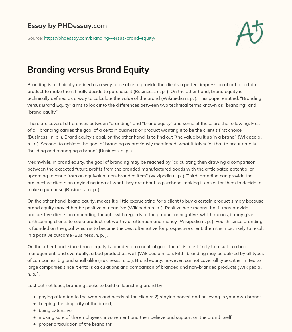 Branding versus Brand Equity essay