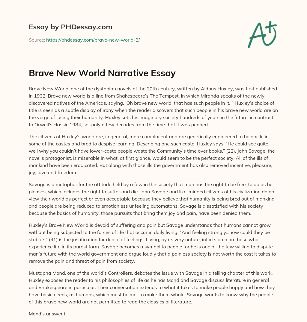 Brave New World Narrative Essay essay