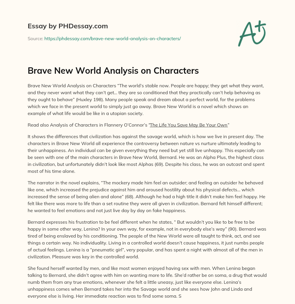 Brave New World Analysis on Characters essay
