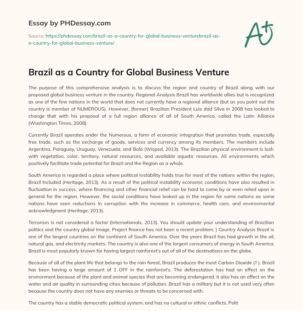 Brazil as a Country for Global Business Venture essay