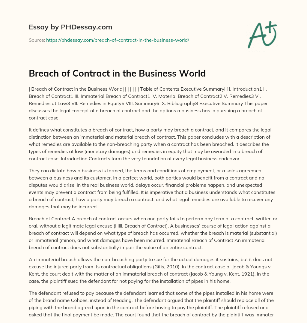 Breach of Contract in the Business World essay