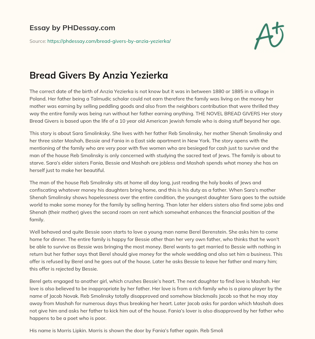 Bread Givers By Anzia Yezierka essay