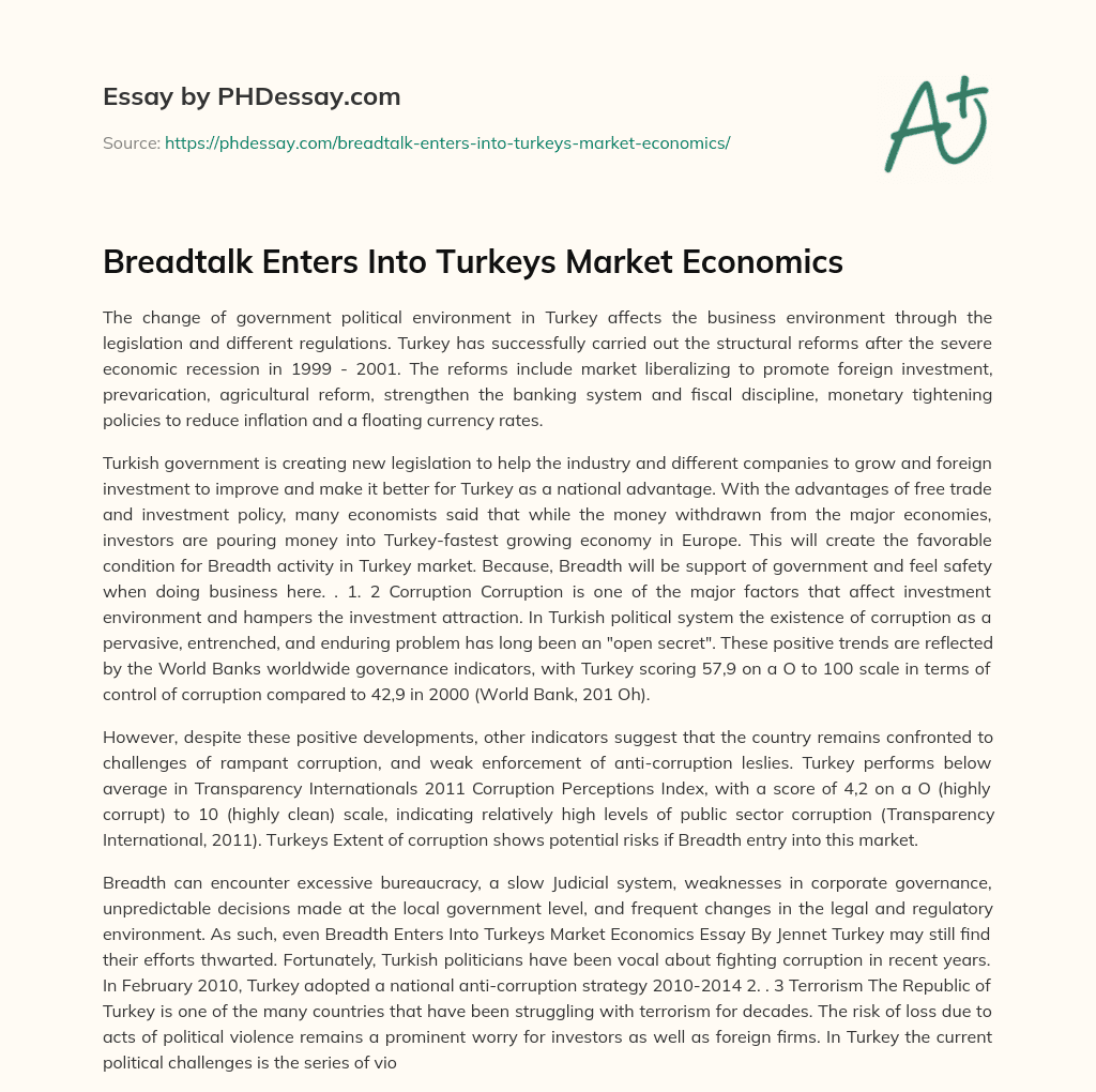 Breadtalk Enters Into Turkeys Market Economics essay