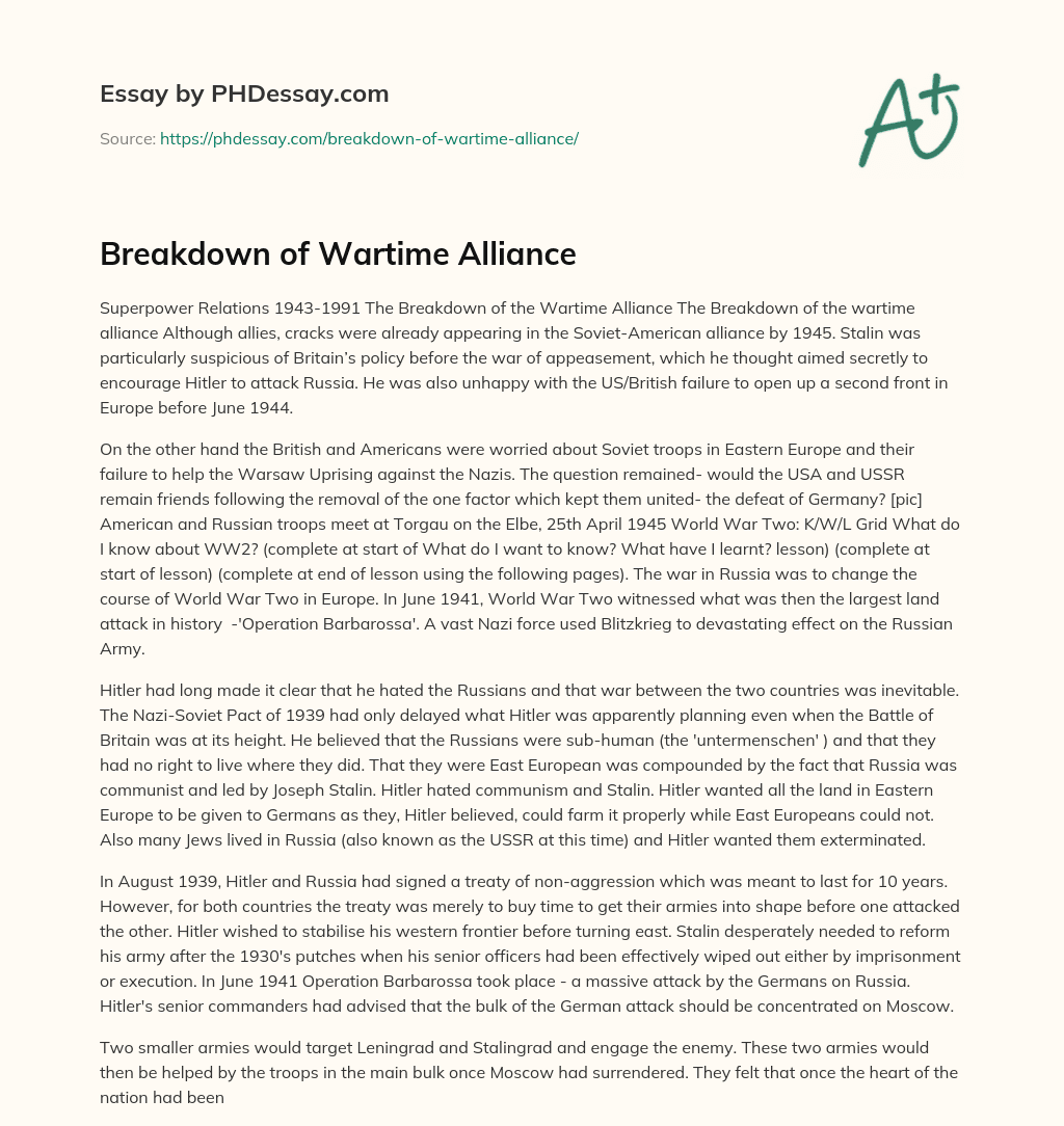 Breakdown of Wartime Alliance essay