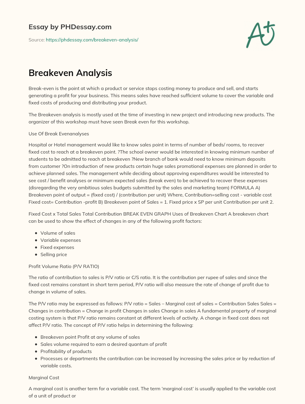 Breakeven Analysis essay