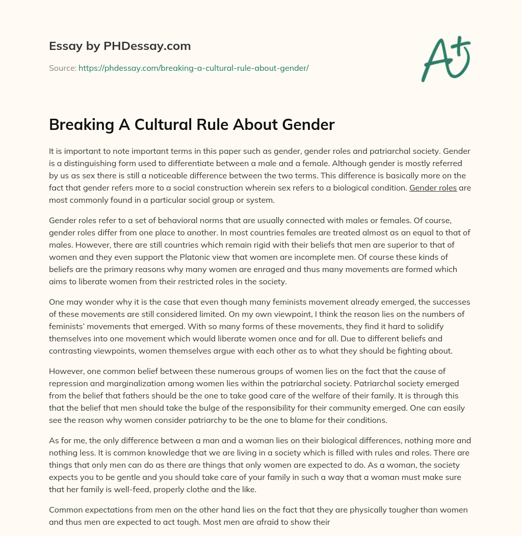 Breaking A Cultural Rule About Gender essay