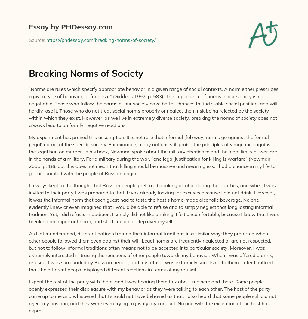 Breaking Norms of Society essay