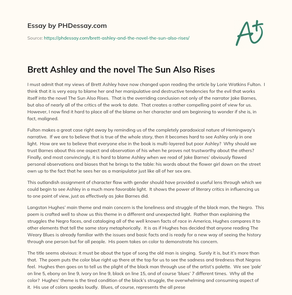 Brett Ashley and the novel The Sun Also Rises essay