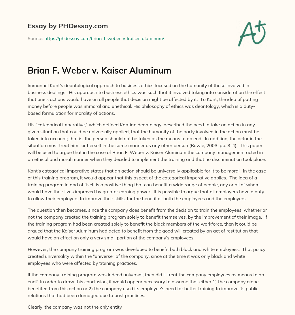 Brian F. Weber v. Kaiser Aluminum essay