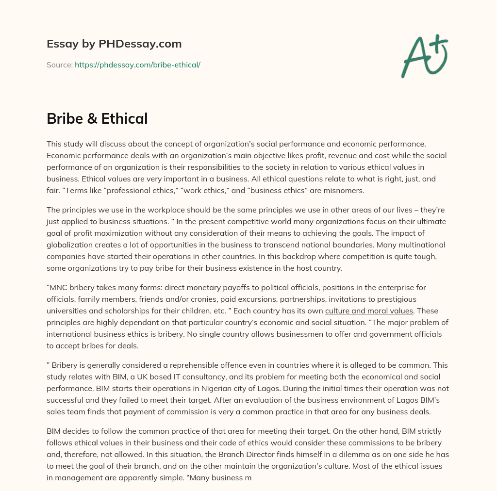 Bribe & Ethical essay