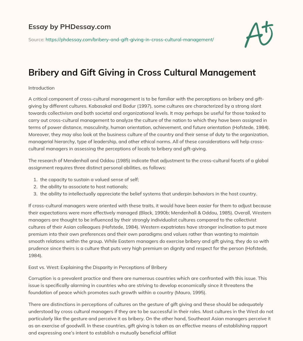 Bribery and Gift Giving in Cross Cultural Management essay