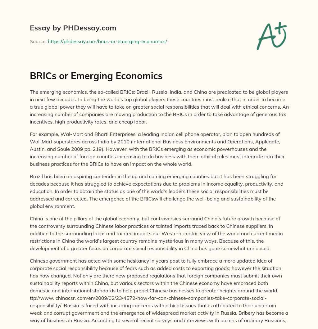 BRICs or Emerging Economics essay