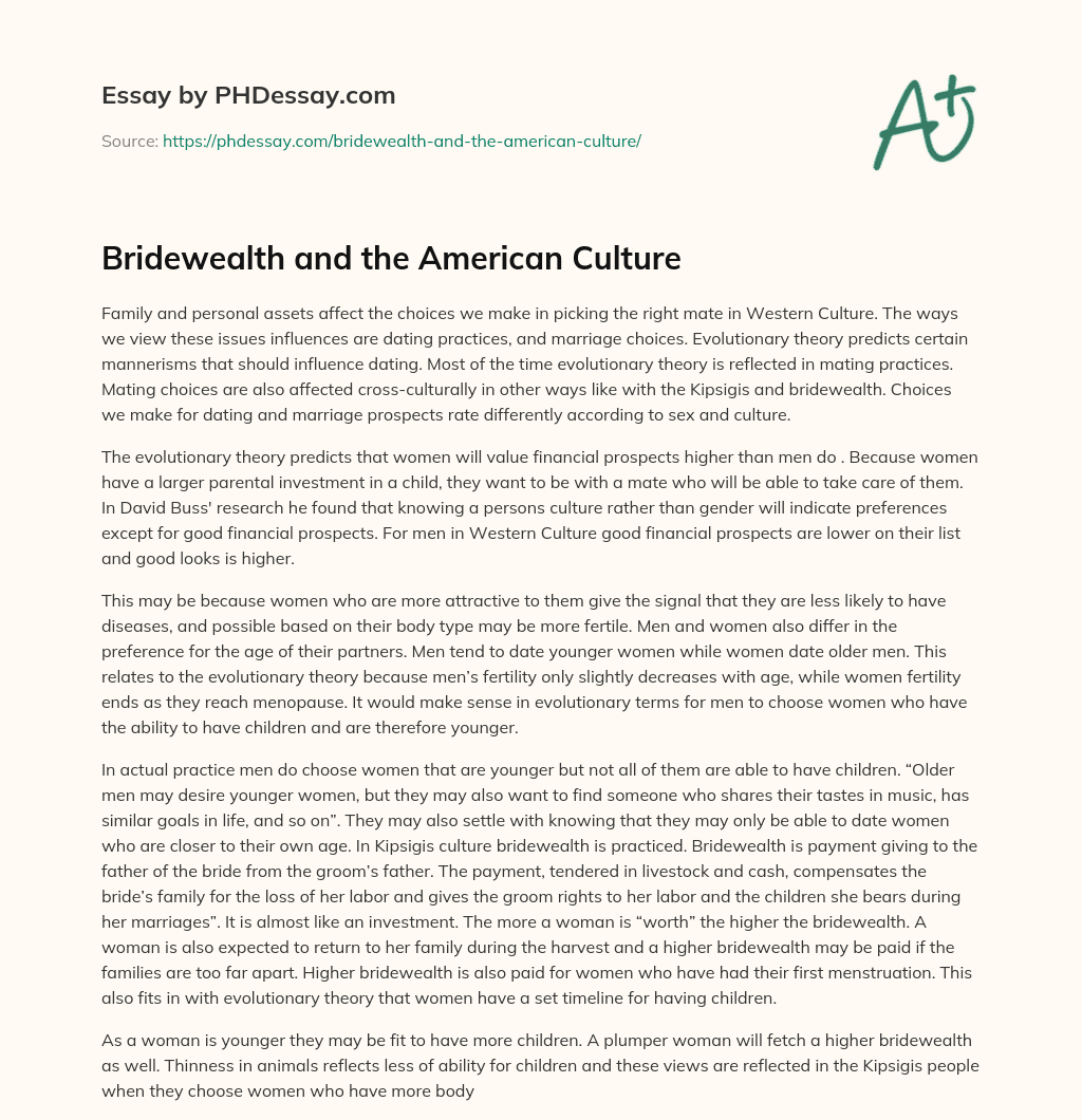 Bridewealth and the American Culture essay