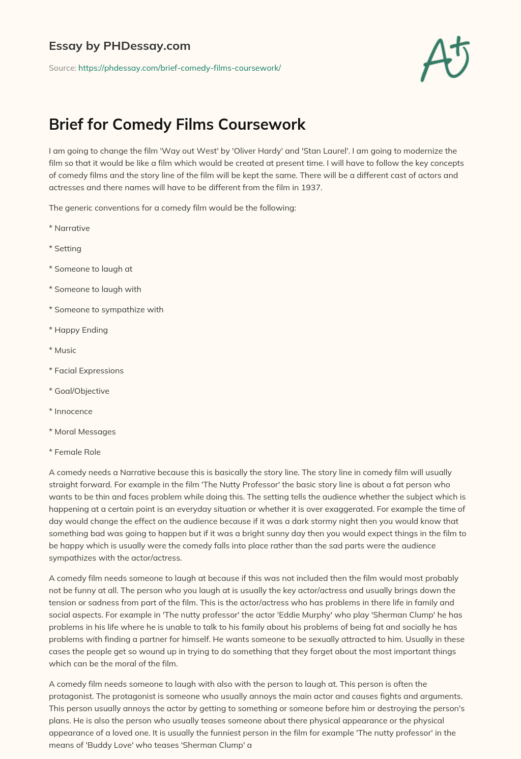 Brief for Comedy Films Coursework essay