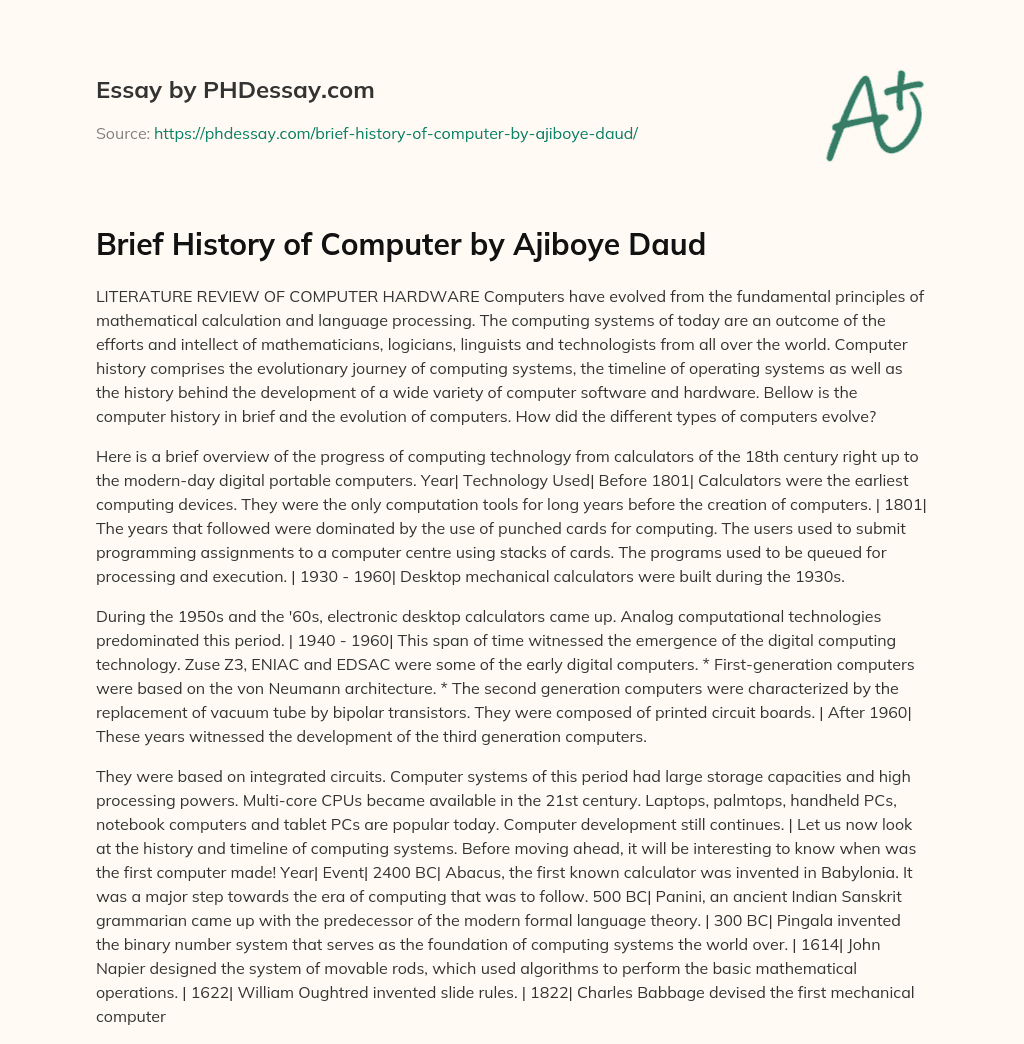Brief History of Computer by Ajiboye Daud essay