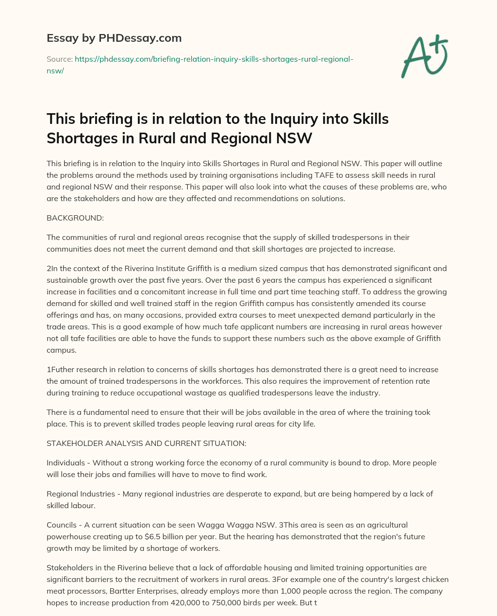 This briefing is in relation to the Inquiry into Skills Shortages in Rural and Regional NSW essay