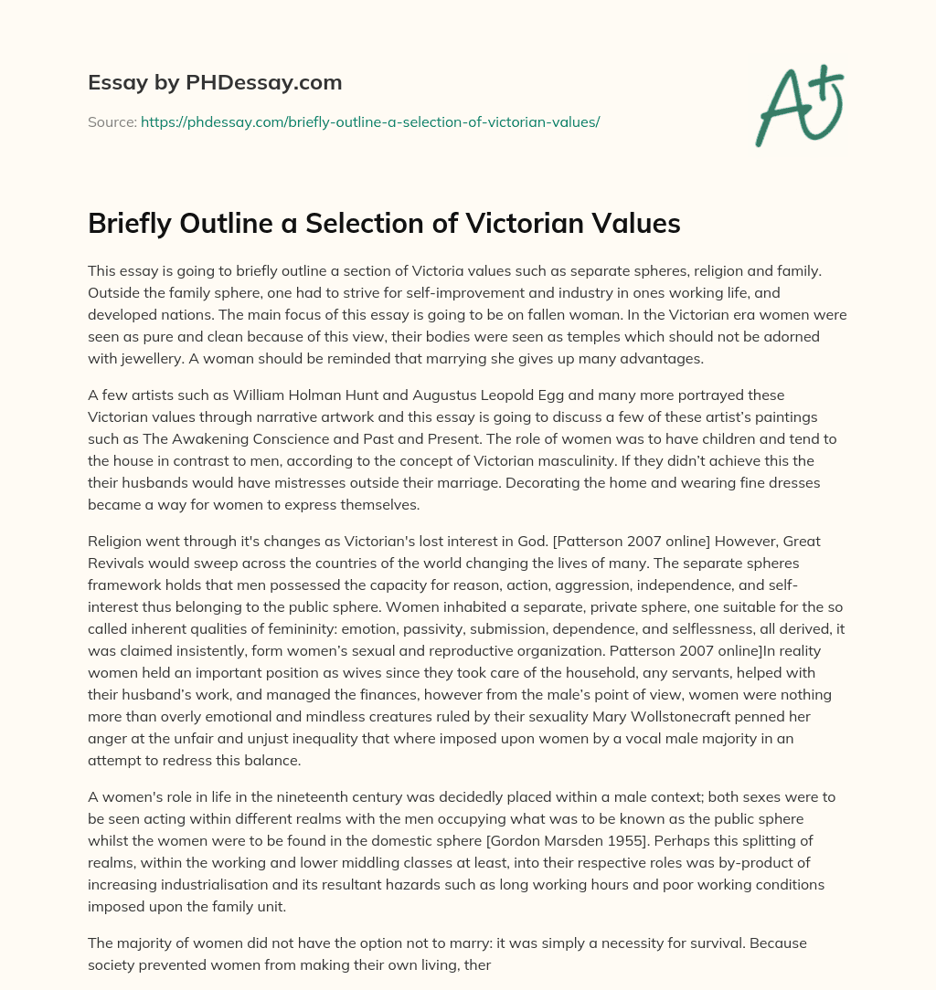 Briefly Outline a Selection of Victorian Values essay