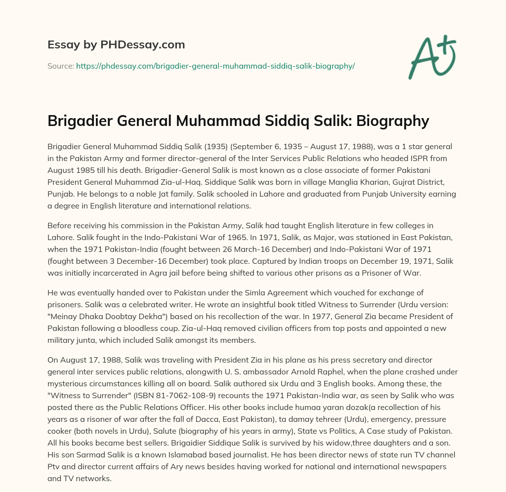 Brigadier General Muhammad Siddiq Salik: Biography essay