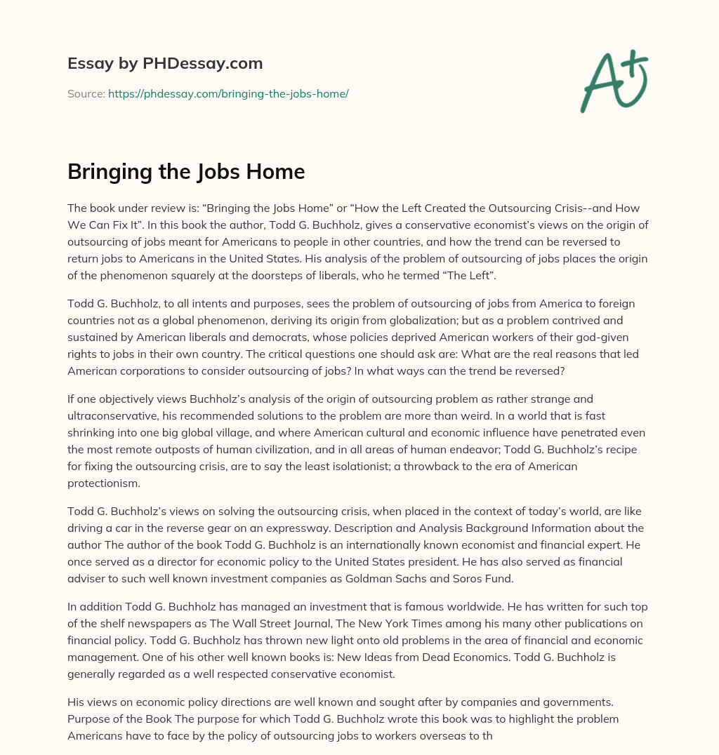 Bringing the Jobs Home essay