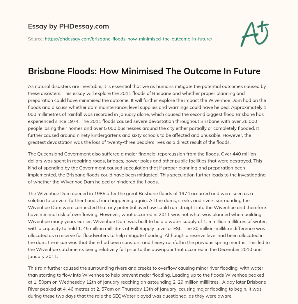 Brisbane Floods: How Minimised The Outcome In Future essay