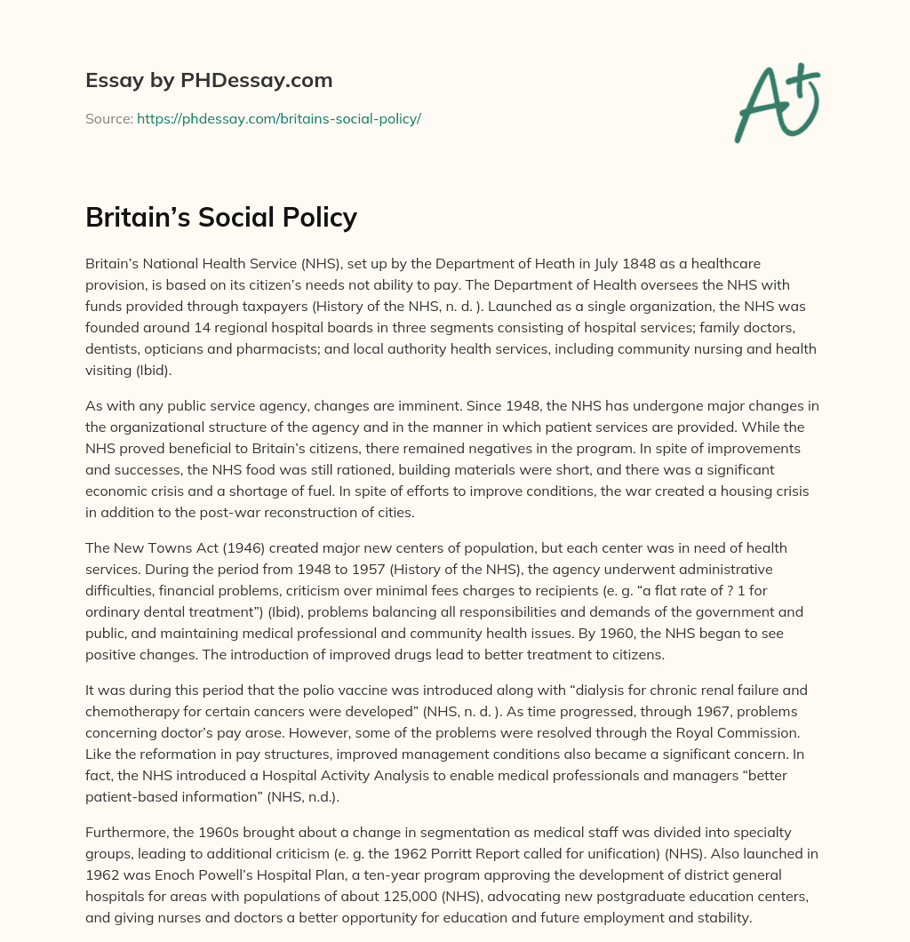 Britain’s Social Policy essay