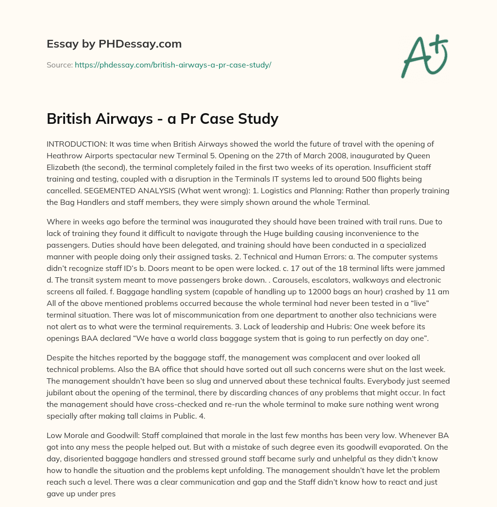 British Airways – a Pr Case Study essay
