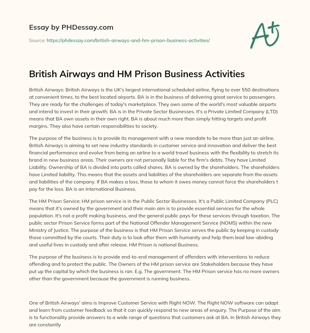British Airways and HM Prison Business Activities essay
