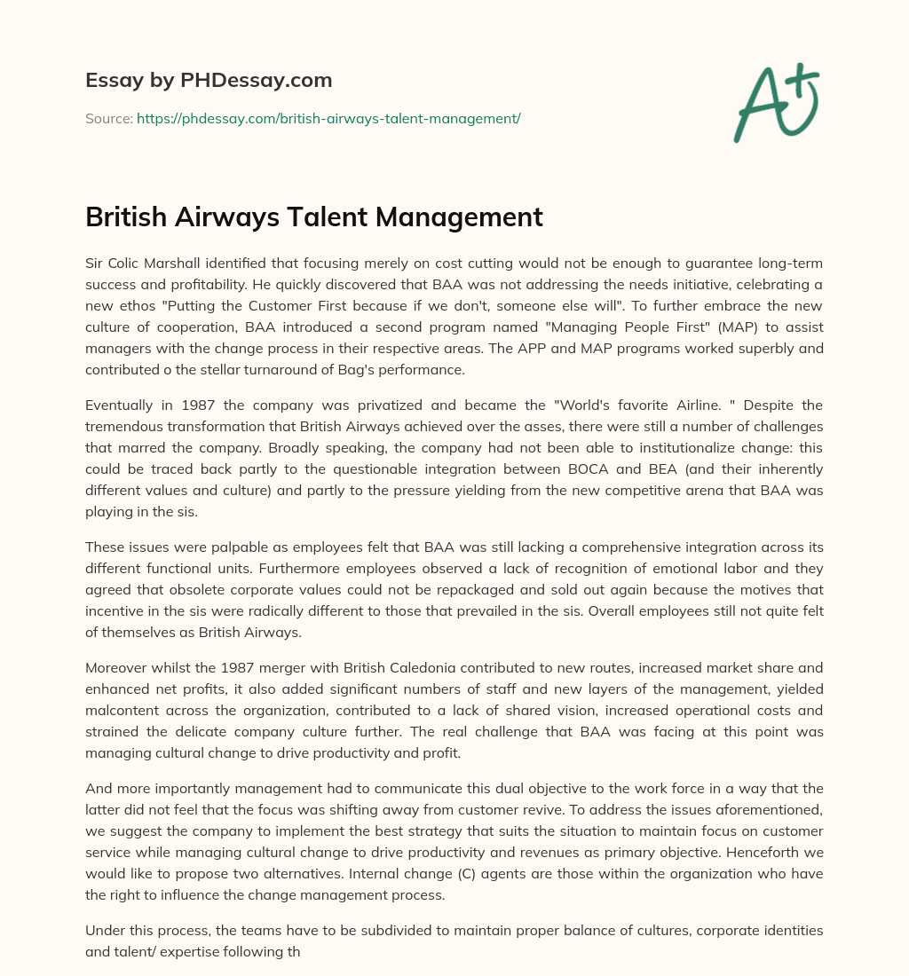 British Airways Talent Management essay