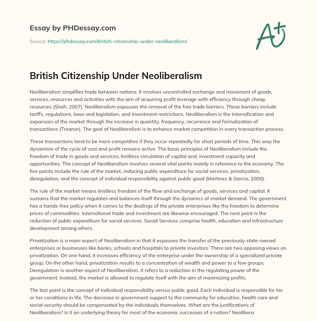 British Citizenship Under Neoliberalism essay