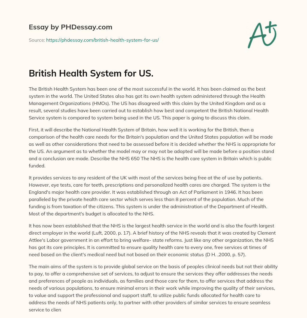 British Health System for US. essay