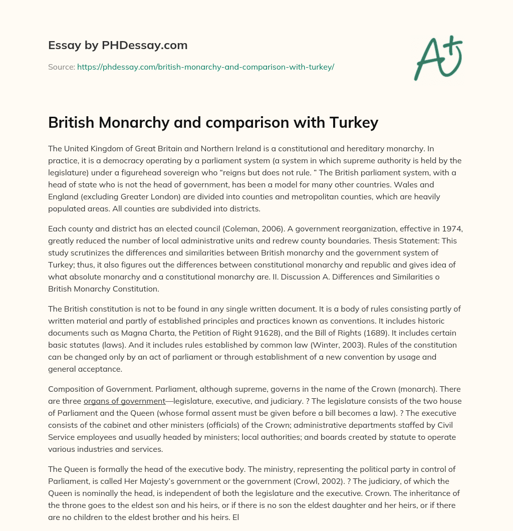 British Monarchy and comparison with Turkey essay