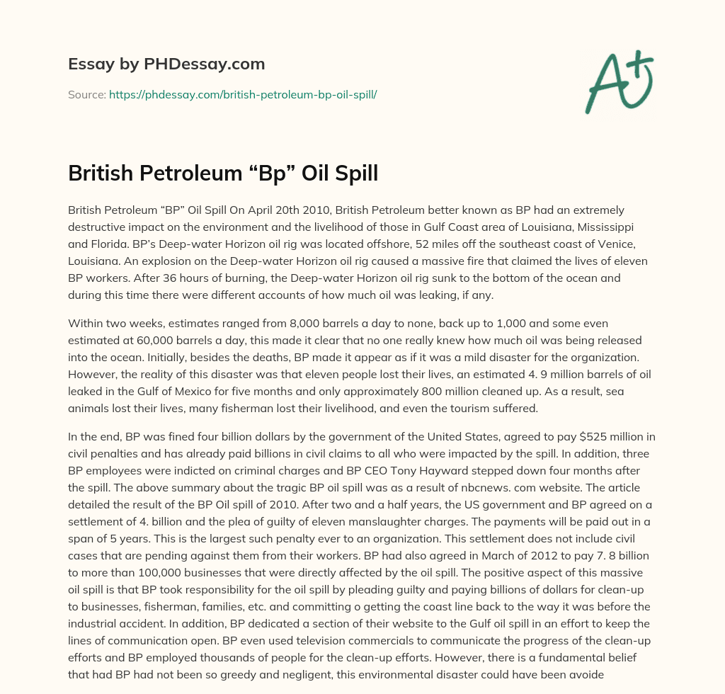 British Petroleum “Bp” Oil Spill essay
