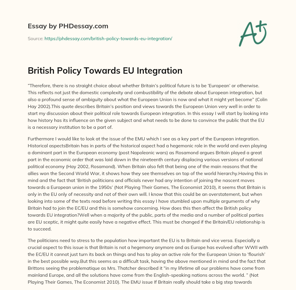 British Policy Towards EU Integration essay