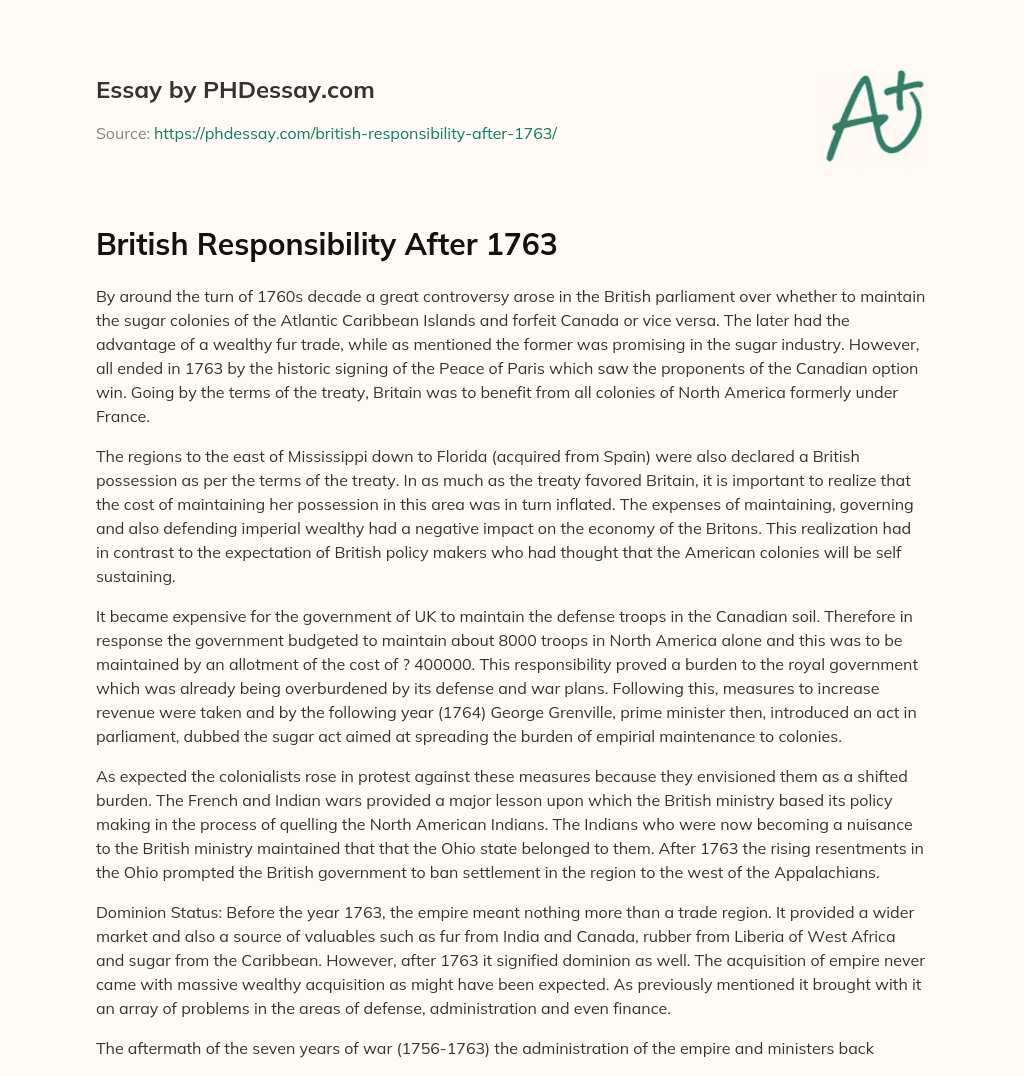 British Responsibility After 1763 essay