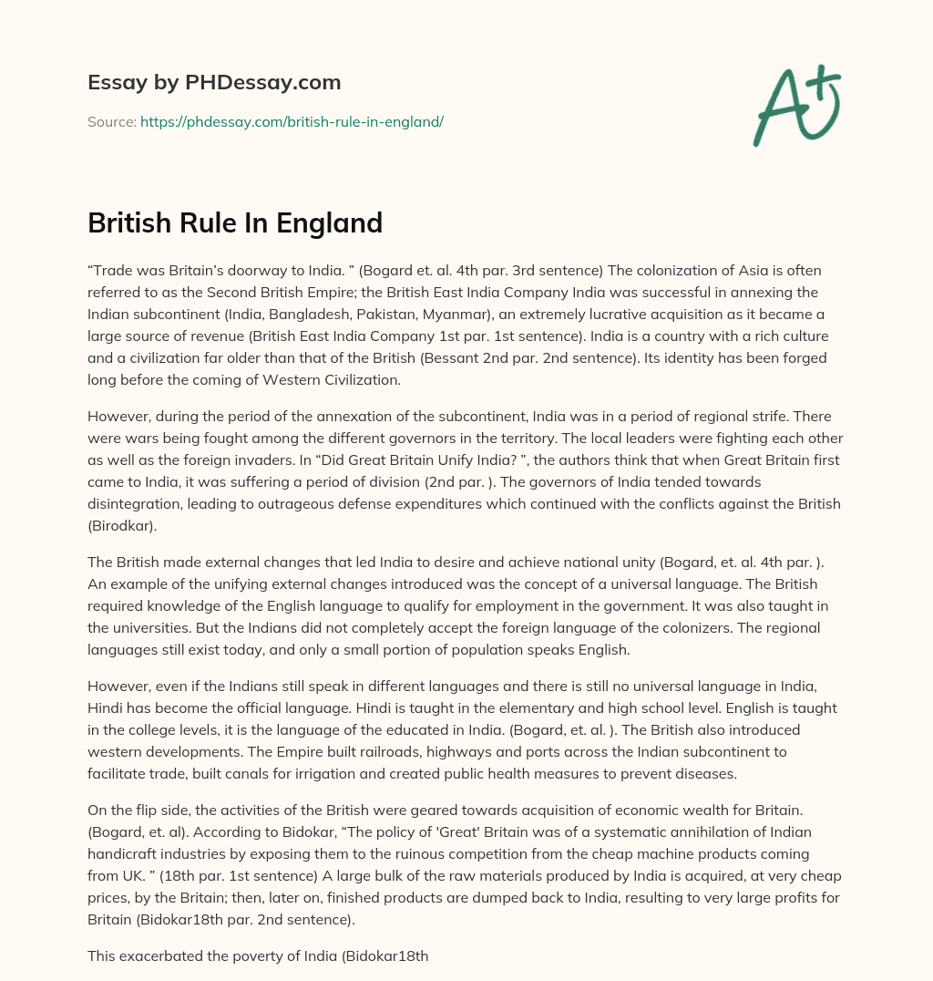 British Rule In England essay