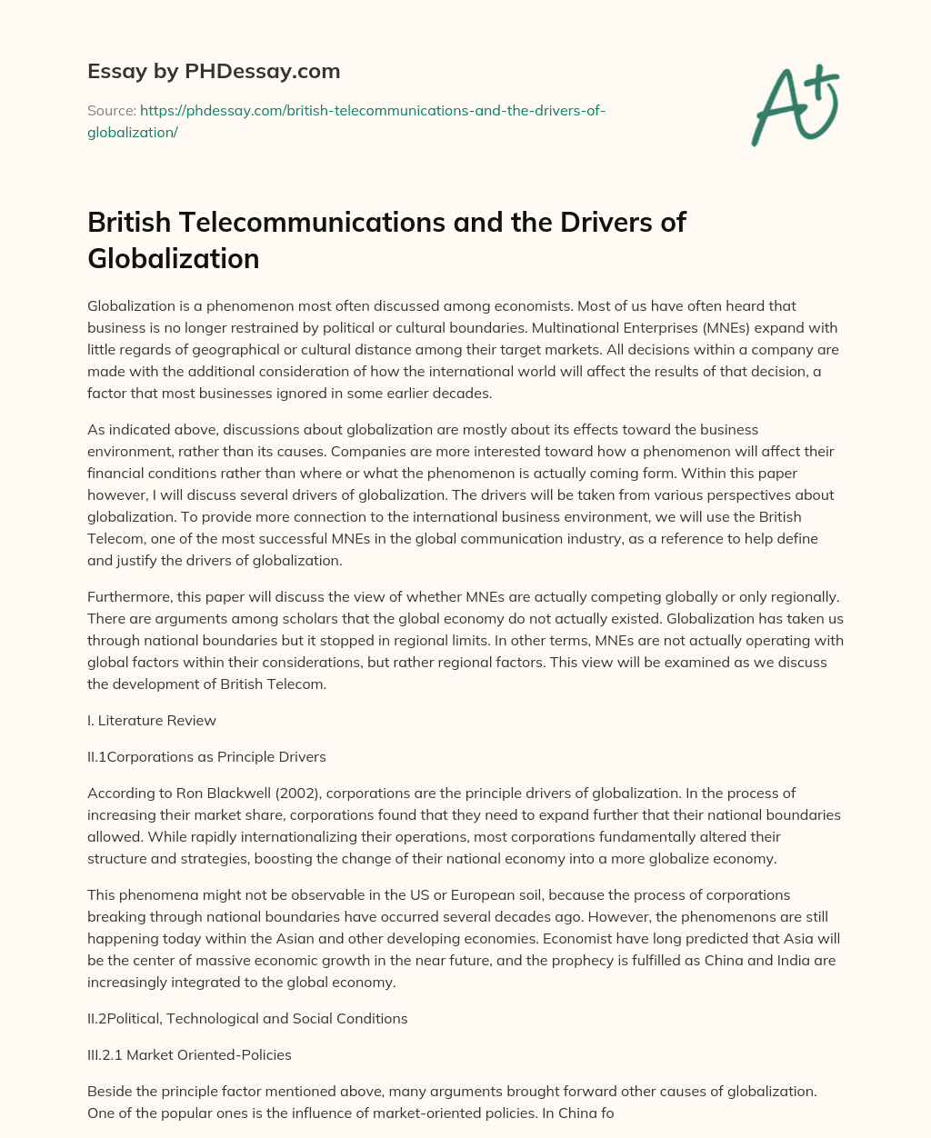 British Telecommunications and the Drivers of Globalization essay