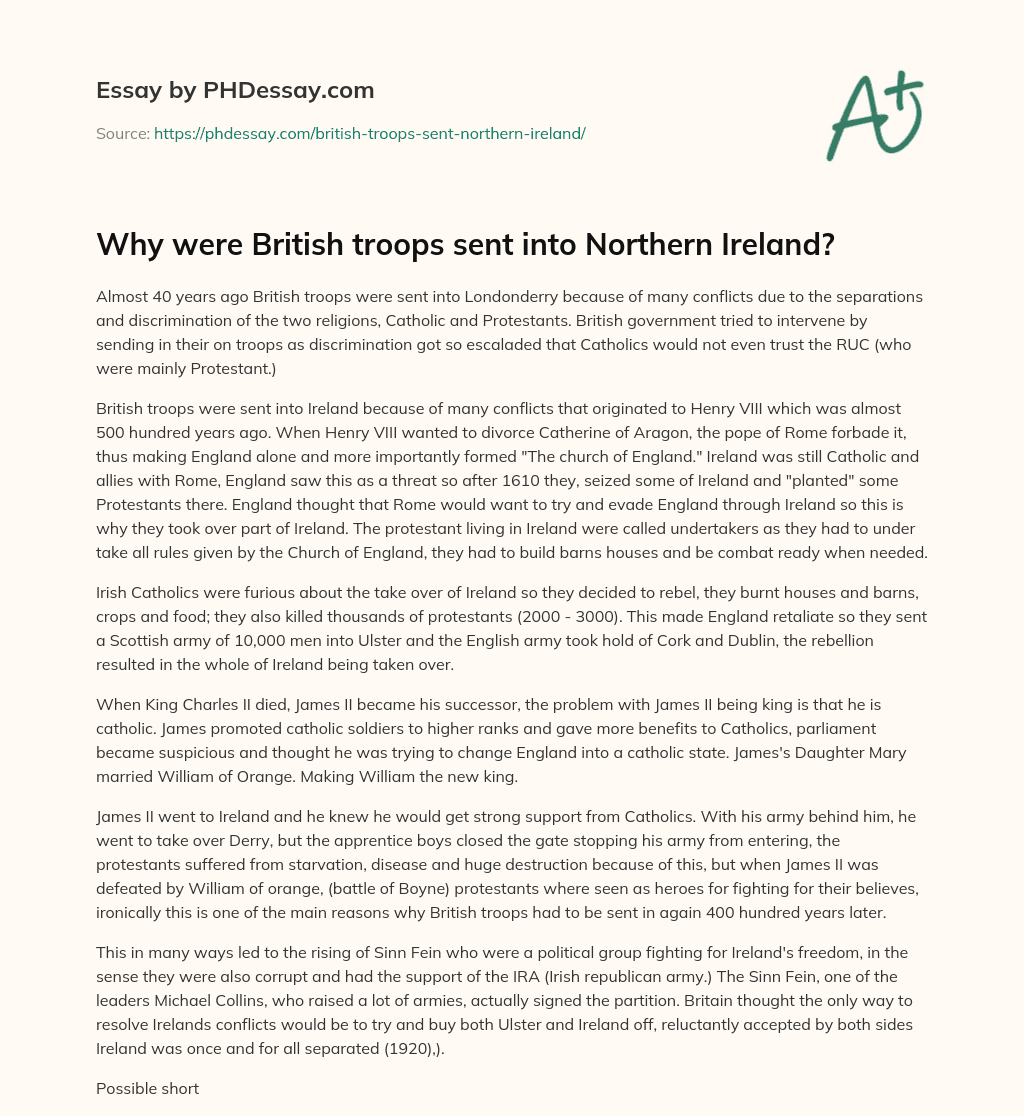 Why were British troops sent into Northern Ireland? essay