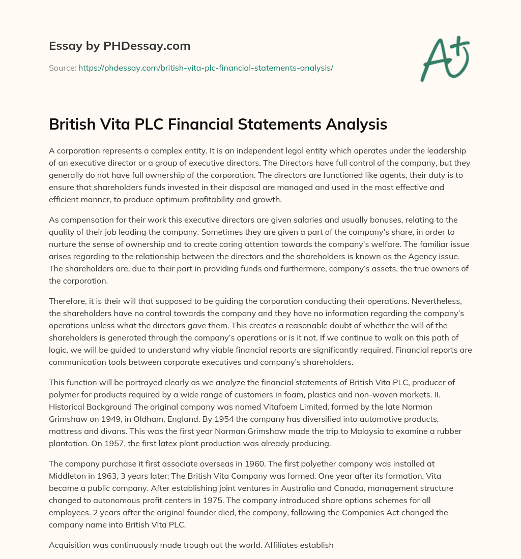British Vita PLC Financial Statements Analysis essay