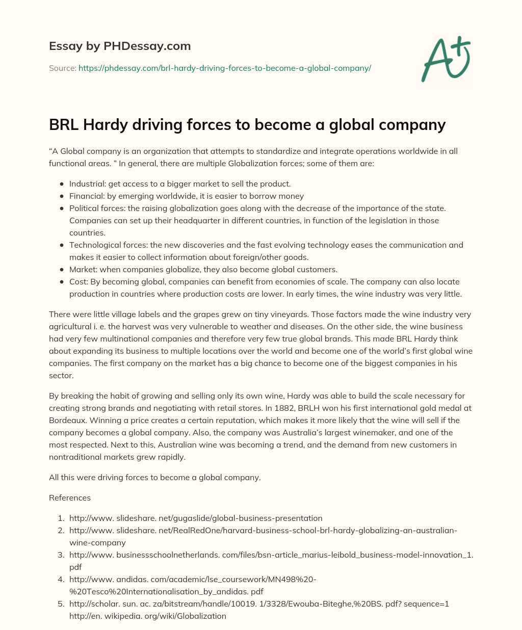 BRL Hardy driving forces to become a global company essay
