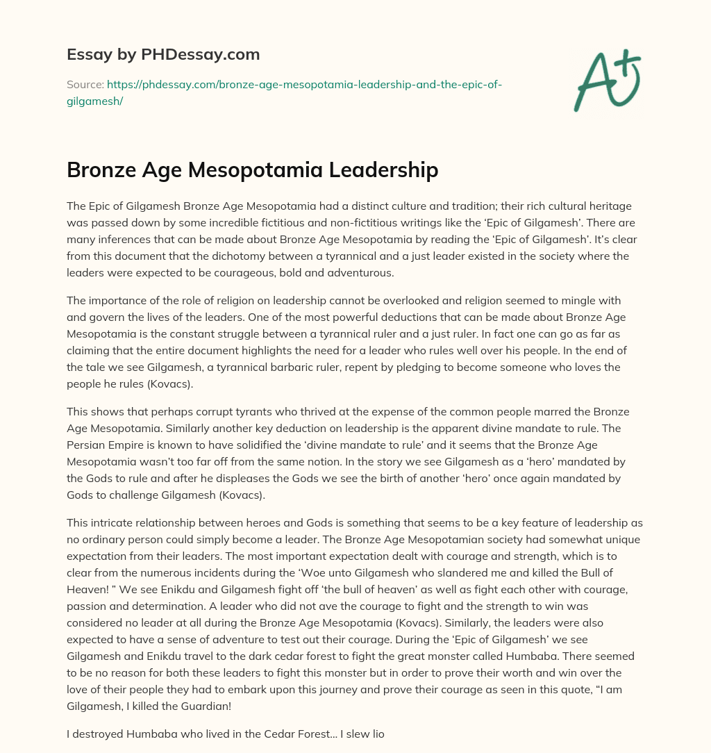 Bronze Age Mesopotamia Leadership essay