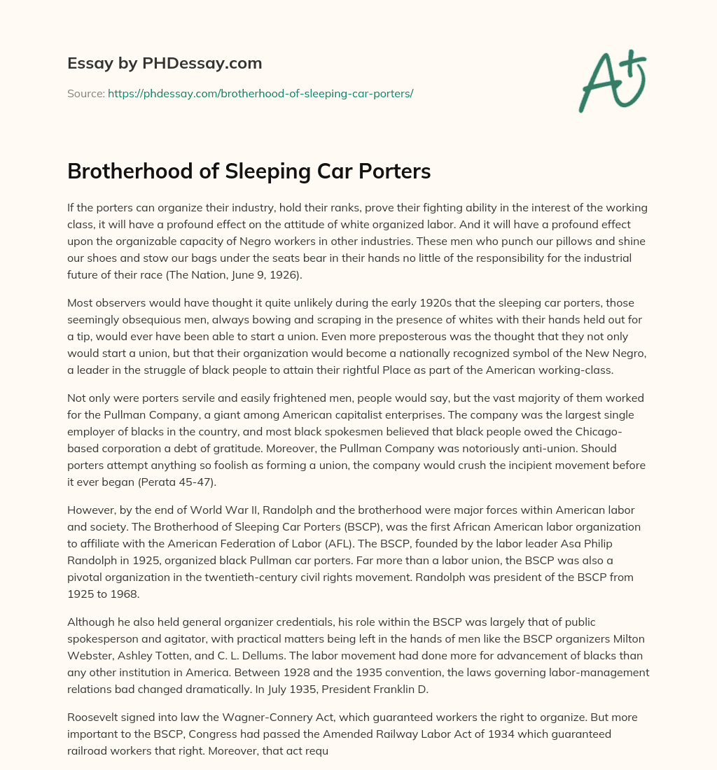 Brotherhood of Sleeping Car Porters essay