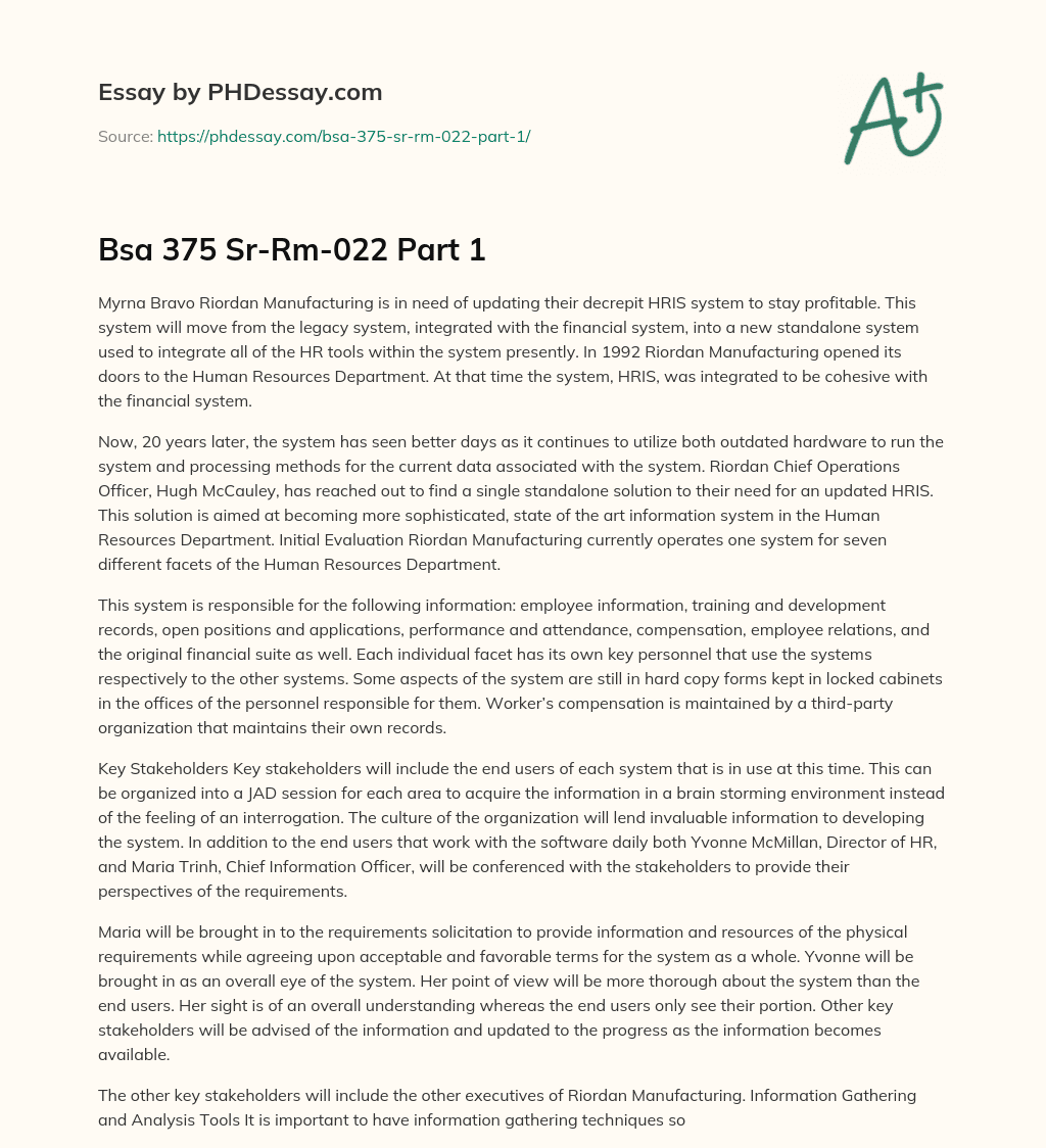 Bsa 375 Sr-Rm-022 Part 1 essay